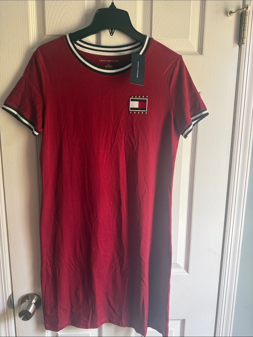 Tommy Hilfiger Red Short Sleeve Logo Tunic Dress with Striped Trim